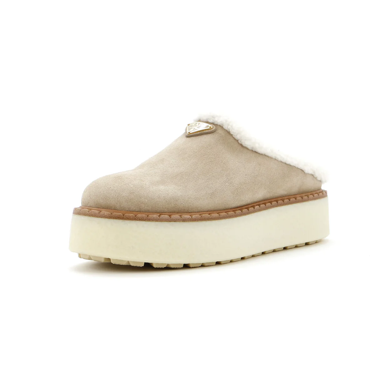 Women's Triangle Logo Platform Mules Suede with Shearling - Deep Luxury