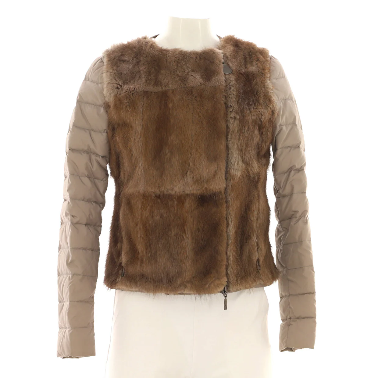 Women's Collarless Zip Puffer Jacket Fur with Quilted Polyamide - Deep Luxury