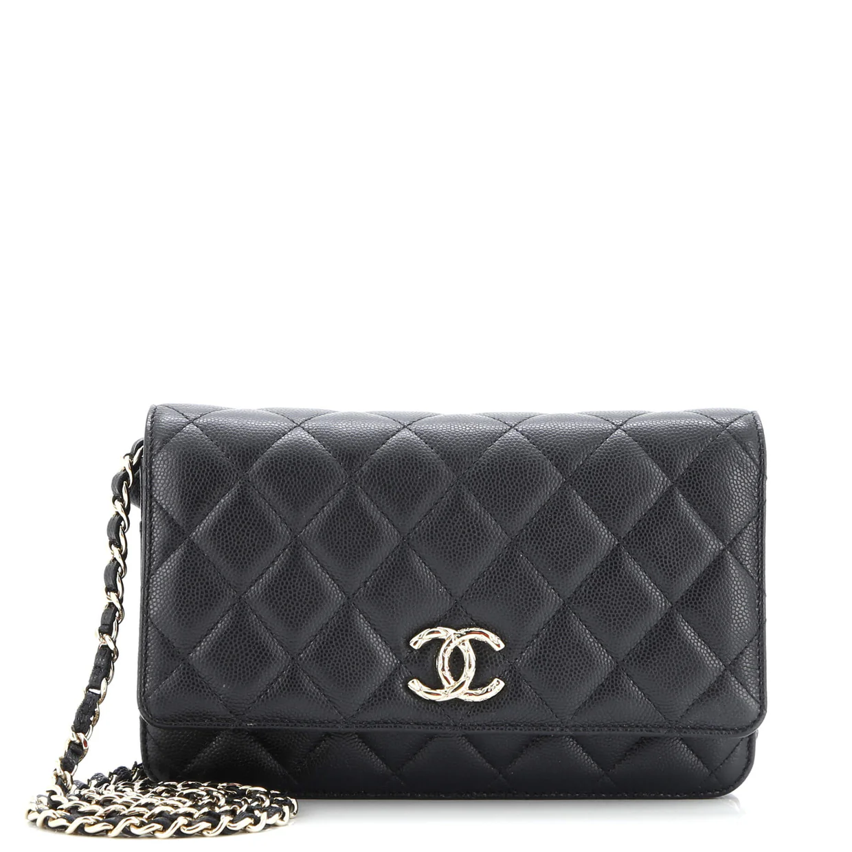 Textured CC Wallet on Chain Quilted Caviar - Deep Luxury
