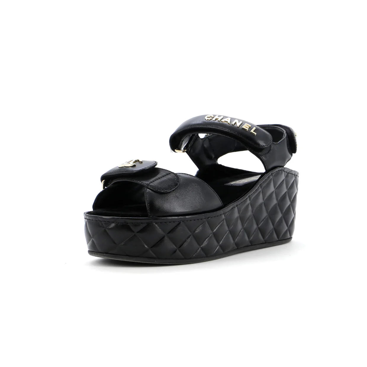 Women's Logo Velcro Strap Wedge Sandals Quilted Leather - Deep Luxury