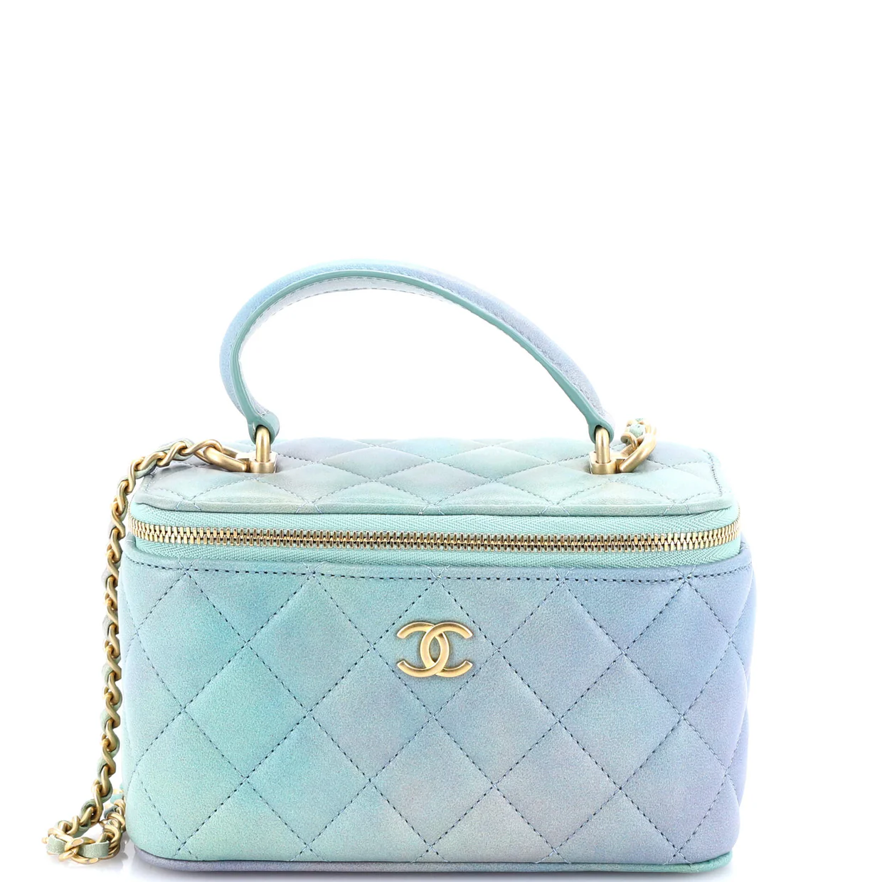 Classic Top Handle Vanity Case with Chain Quilted Iridescent Rainbow Lambskin Small - Deep Luxury