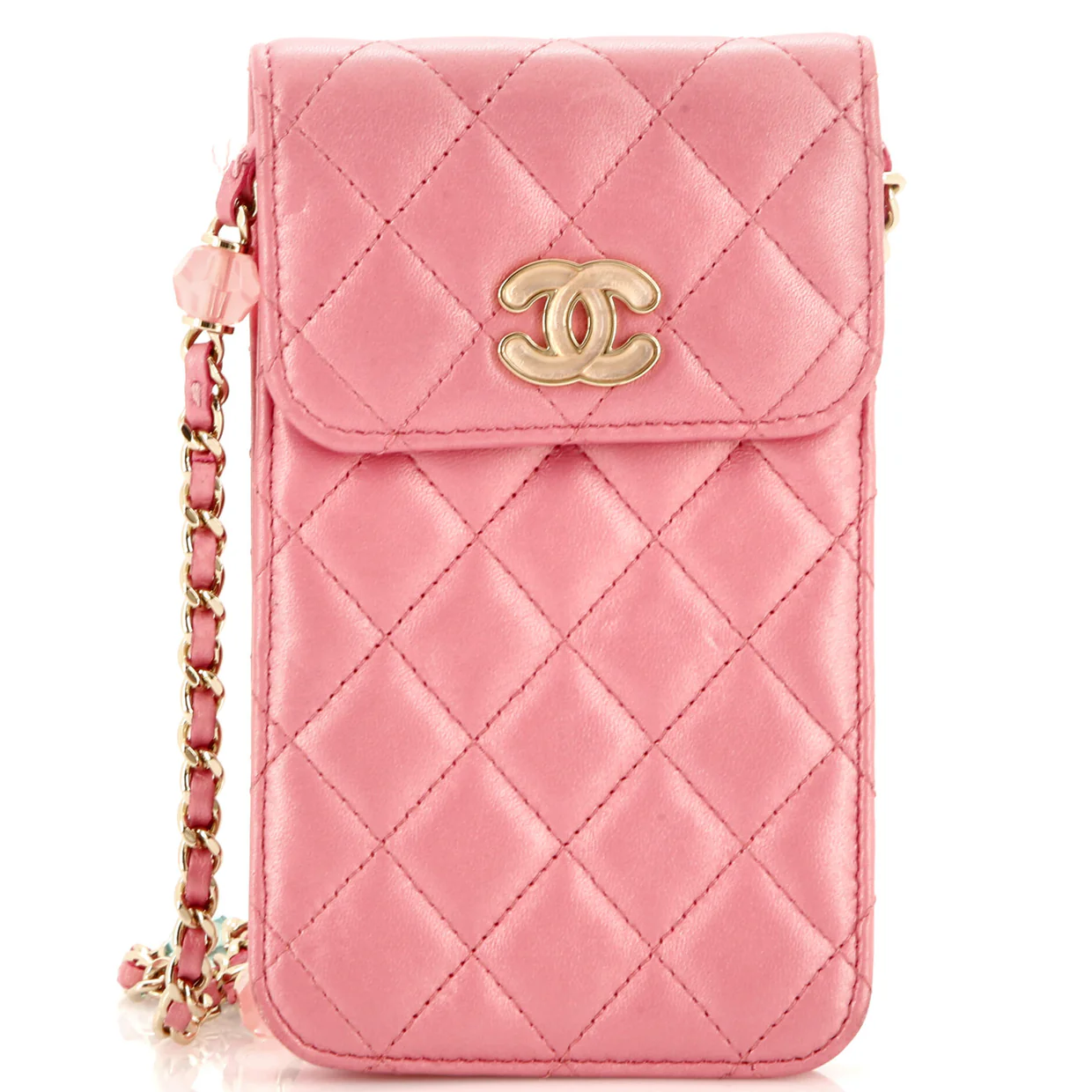 Resin CC Phone Holder with Chain Quilted Lambskin - Deep Luxury