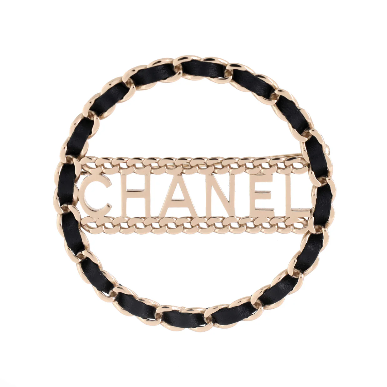 Logo Chain Link Round Brooch Metal with Leather - Deep Luxury