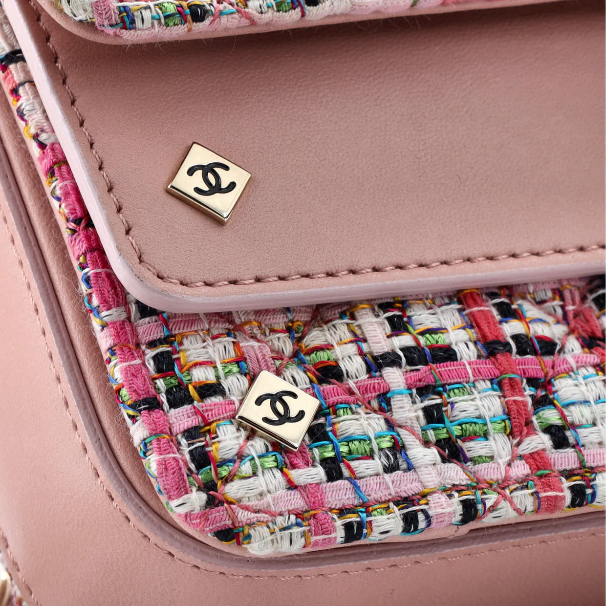 CC Stud Double Flap Bag Quilted Tweed with Leather Small - Deep Luxury