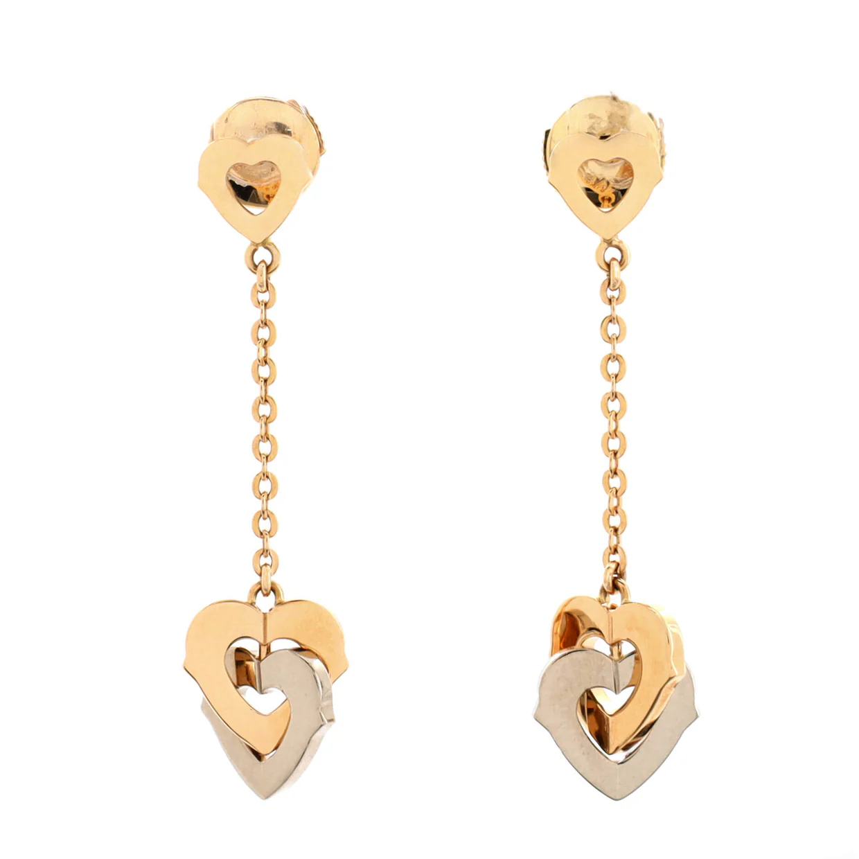 Double Heart Drop Earrings 18K Rose Gold with 18K White Gold - Deep Luxury