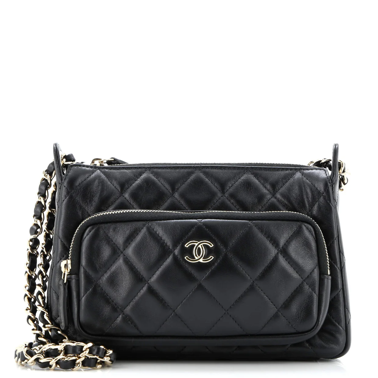 CC Front Pocket Zip Clutch with Chain Quilted Lambskin Large - Deep Luxury