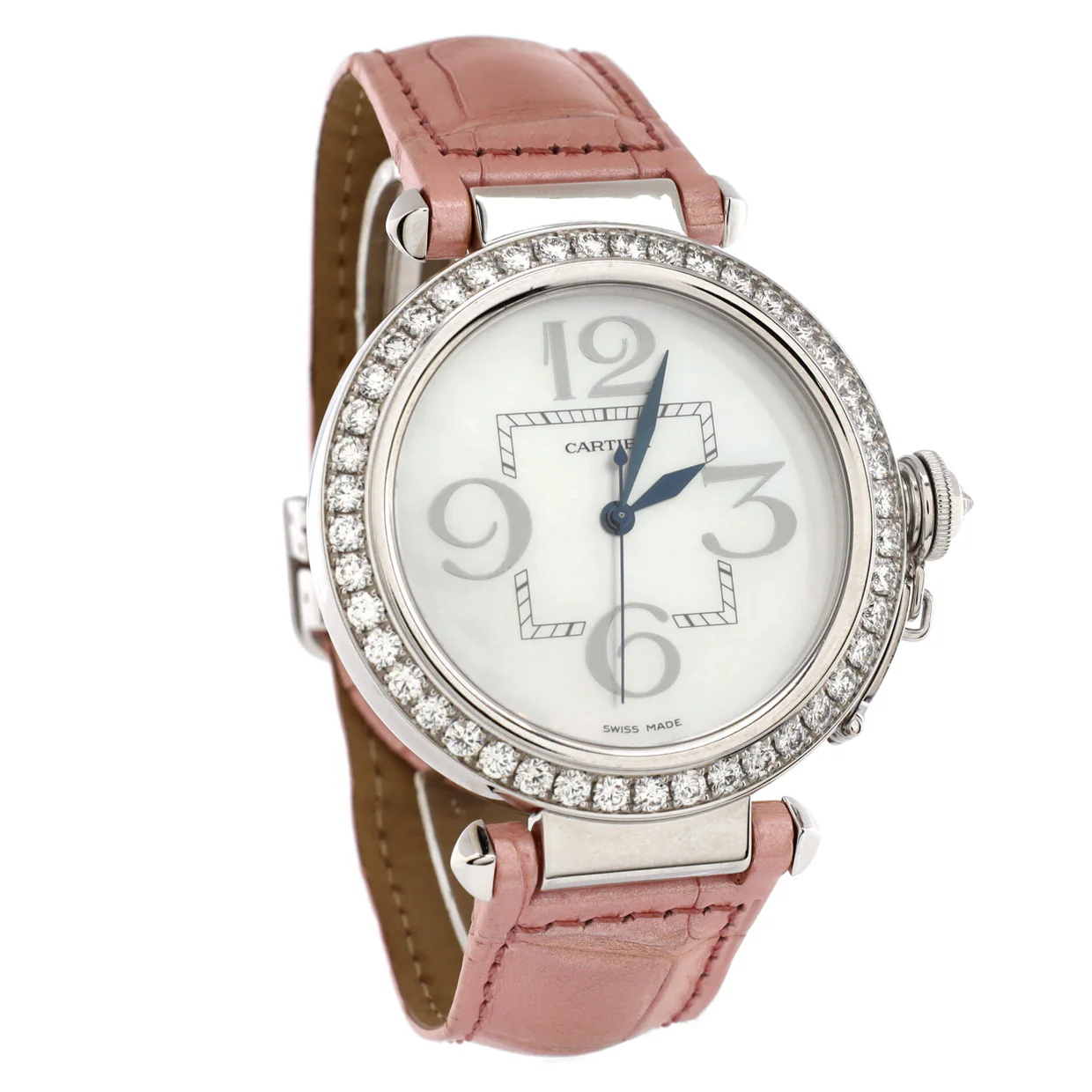 Pasha de Cartier Automatic Watch White Gold and Alligator with Diamond Bezel and Mother of Pearl 42 - Deep Luxury