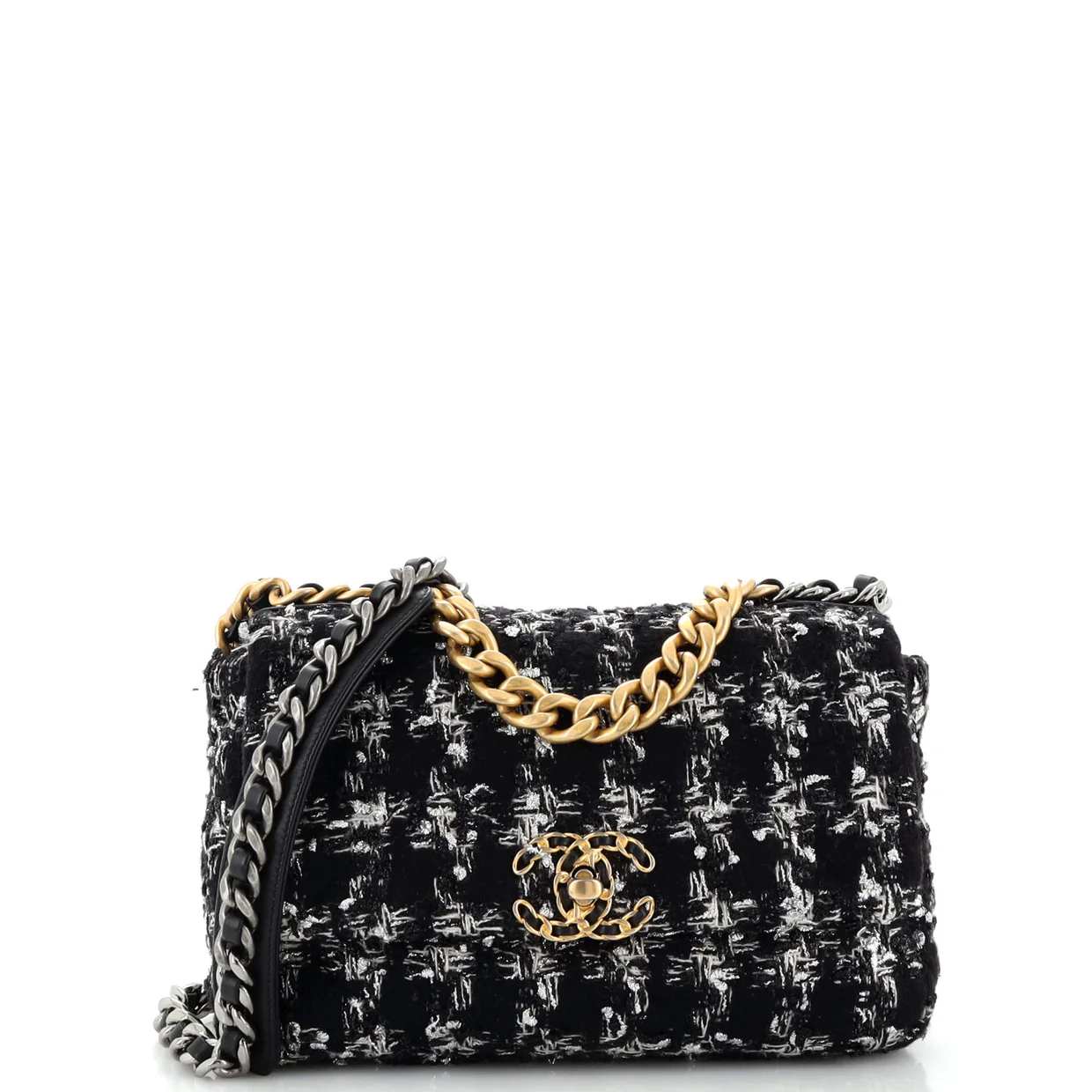 19 Flap Bag Quilted Houndstooth Tweed and Ribbon Medium - Deep Luxury