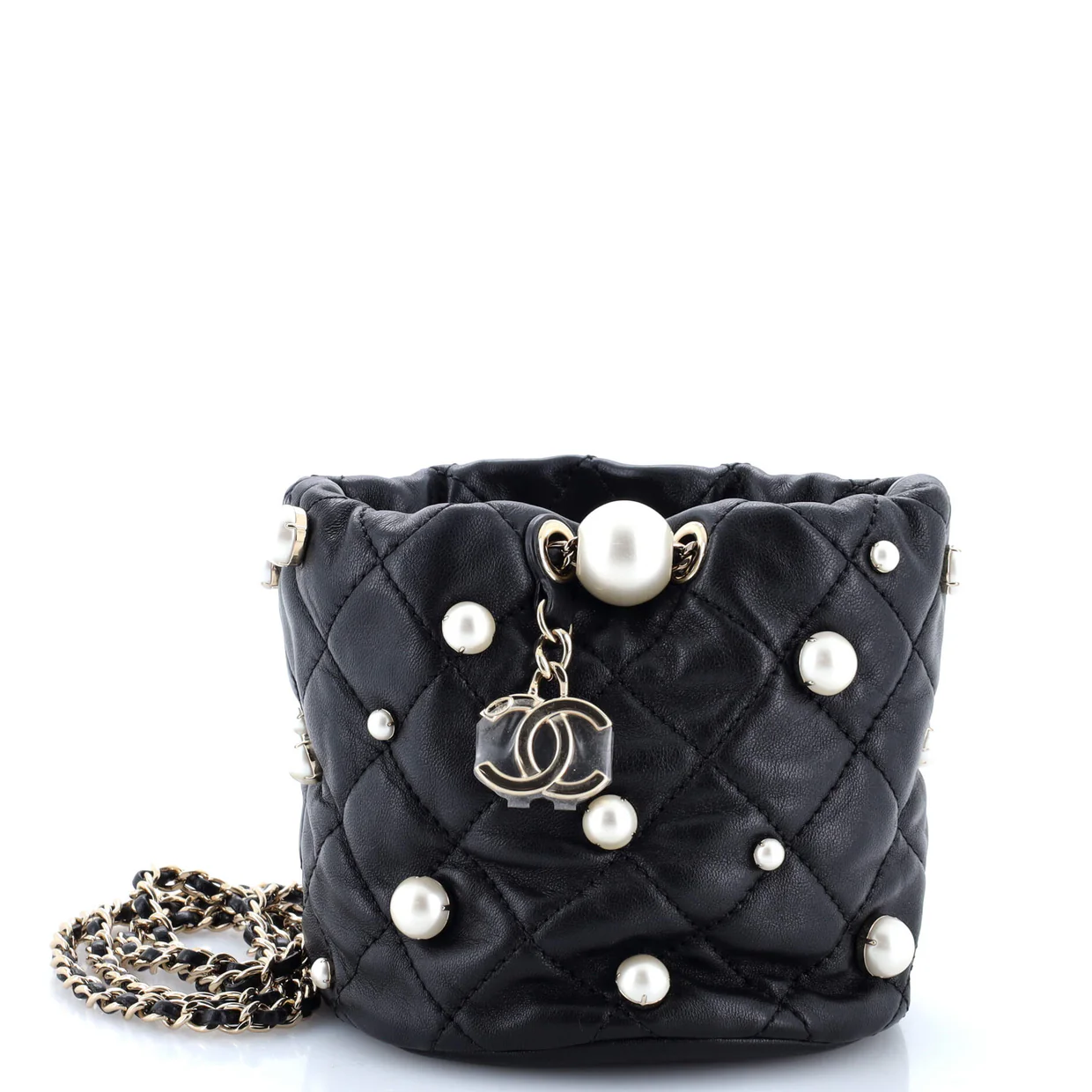 Drawstring Round Bucket Bag Pearl Embellished Quilted Lambskin Mini - Deep Luxury
