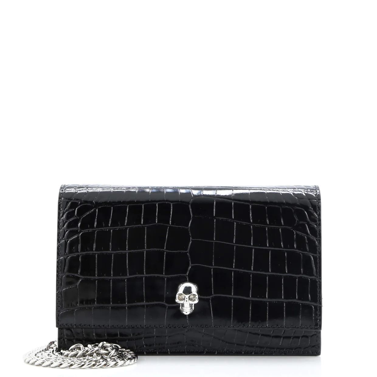 Skull Chain Crossbody Bag Crocodile Embossed Leather Mini - Deep Luxury