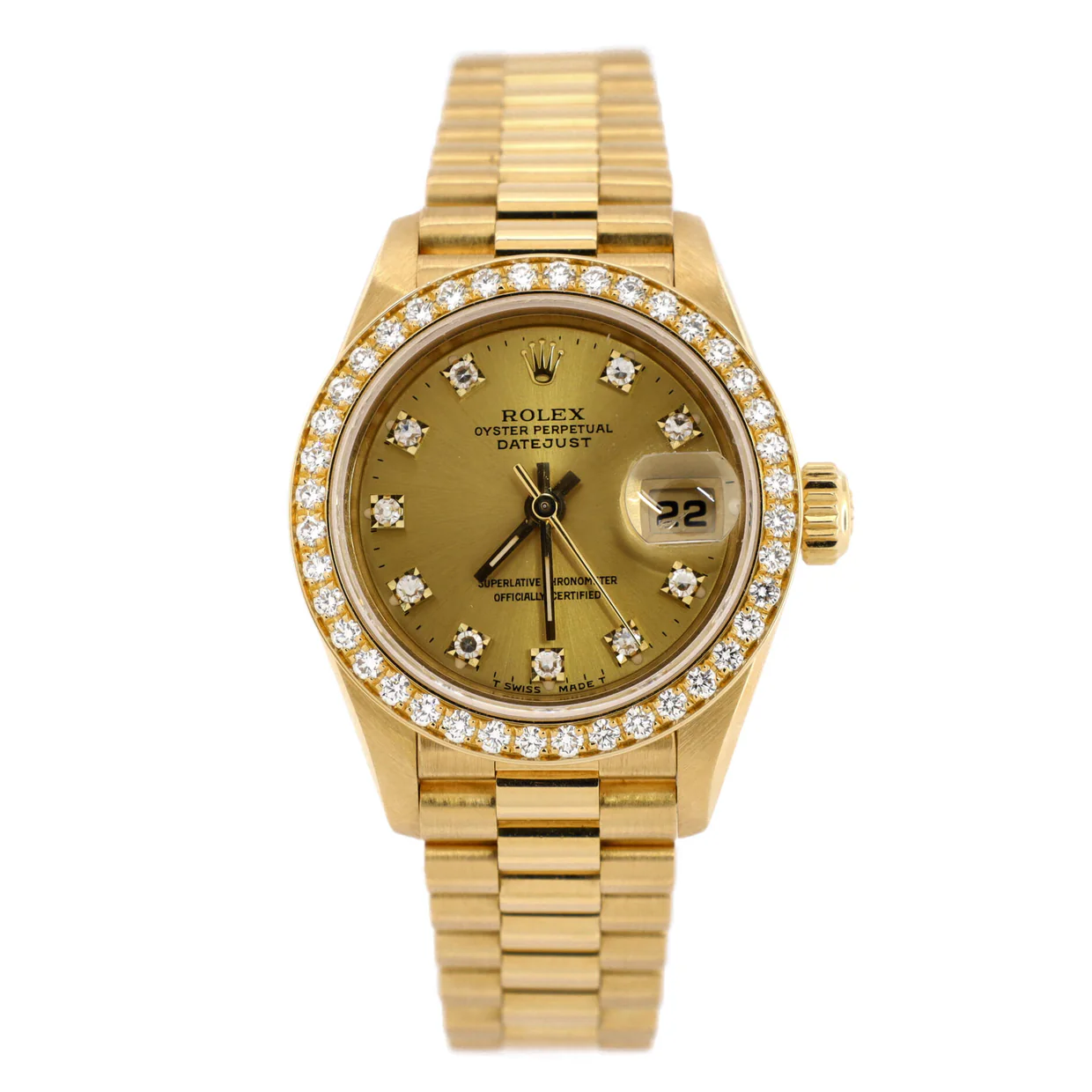 Oyster Perpetual President Datejust Automatic Watch Yellow Gold with Diamond Bezel and Markers 26 - Deep Luxury
