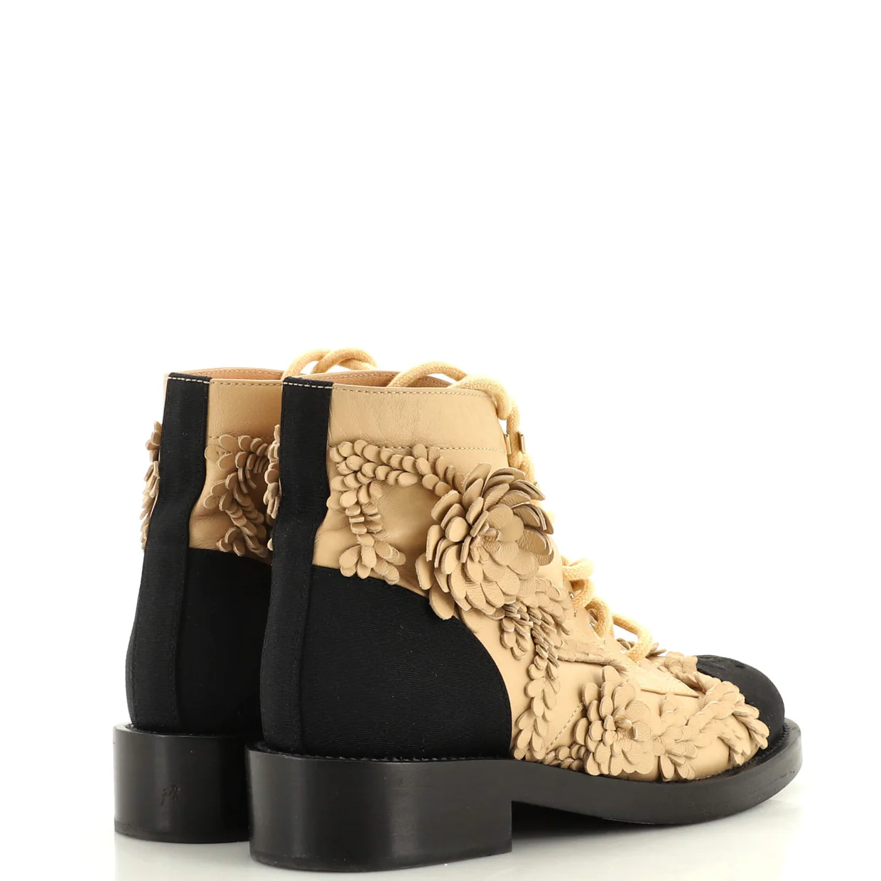 Women's CC Flowers Combat Boots Leather with Applique and Grosgrain - Deep Luxury
