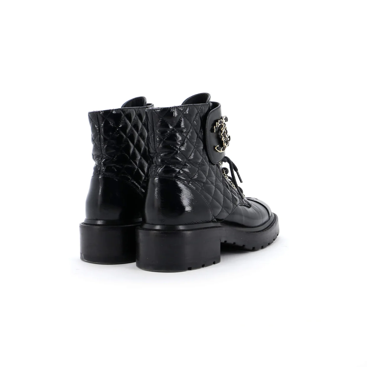 Women's Chain CC Cap Toe Lace Up Combat Boots Quilted Shiny Calfskin - Deep Luxury