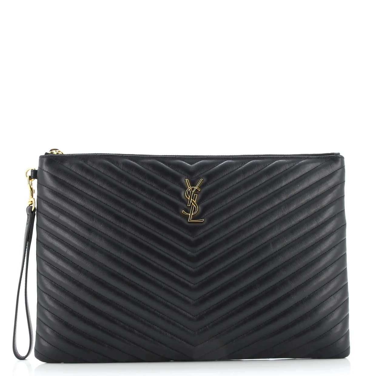 Classic Monogram Wristlet Pouch Matelasse Chevron Leather Large - Deep Luxury