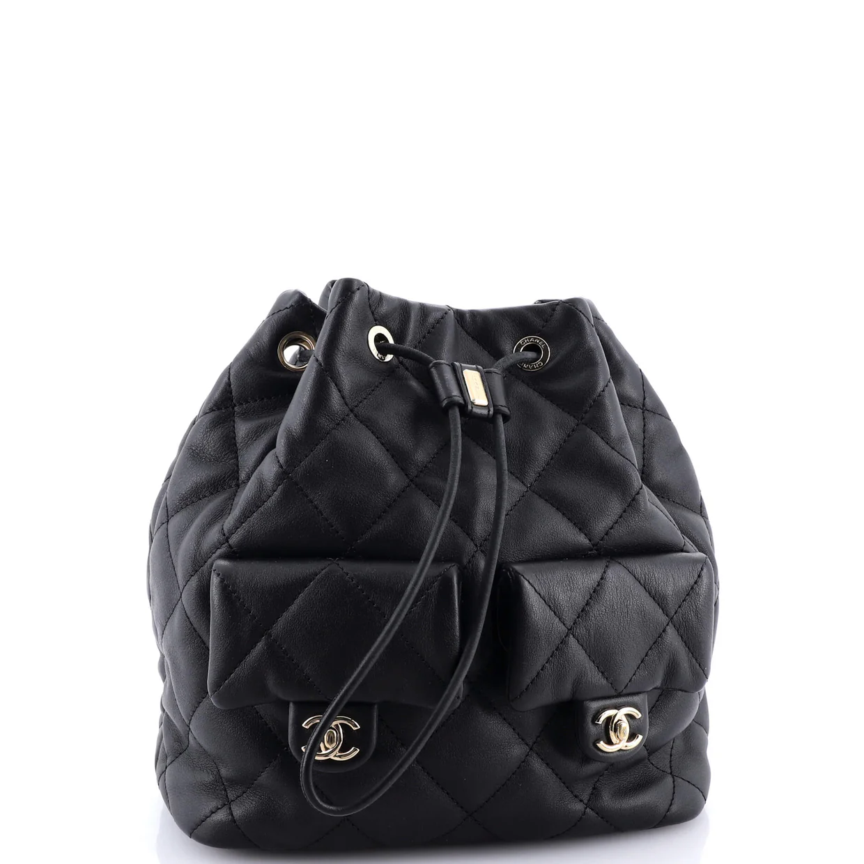 Double Pocket Drawstring Backpack Quilted Calfskin Small - Deep Luxury