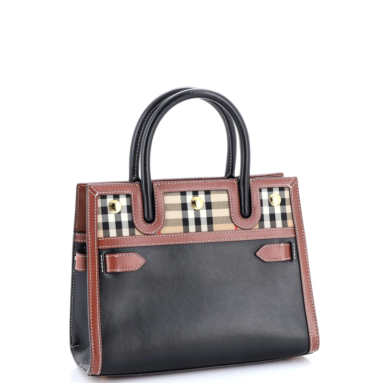 Title Two Handle Tote Leather with Vintage Check Canvas Mini - Deep Luxury