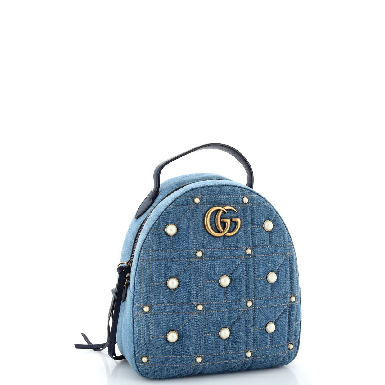 Pearly GG Marmont Backpack Embellished Matelasse Denim Small - Deep Luxury