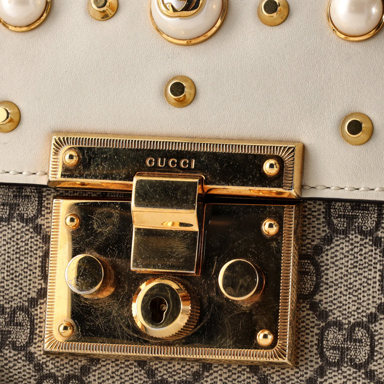 Pearly Padlock Shoulder Bag GG Coated Canvas with Studded Leather Small - Deep Luxury