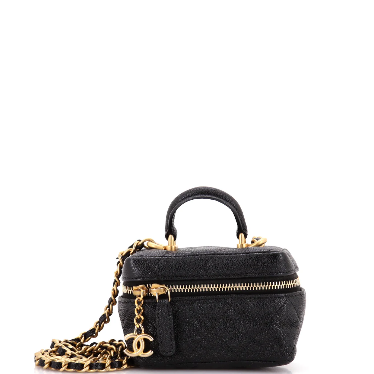 Top Handle Zip Around Vanity Case with Chain Quilted Caviar Mini - Deep Luxury