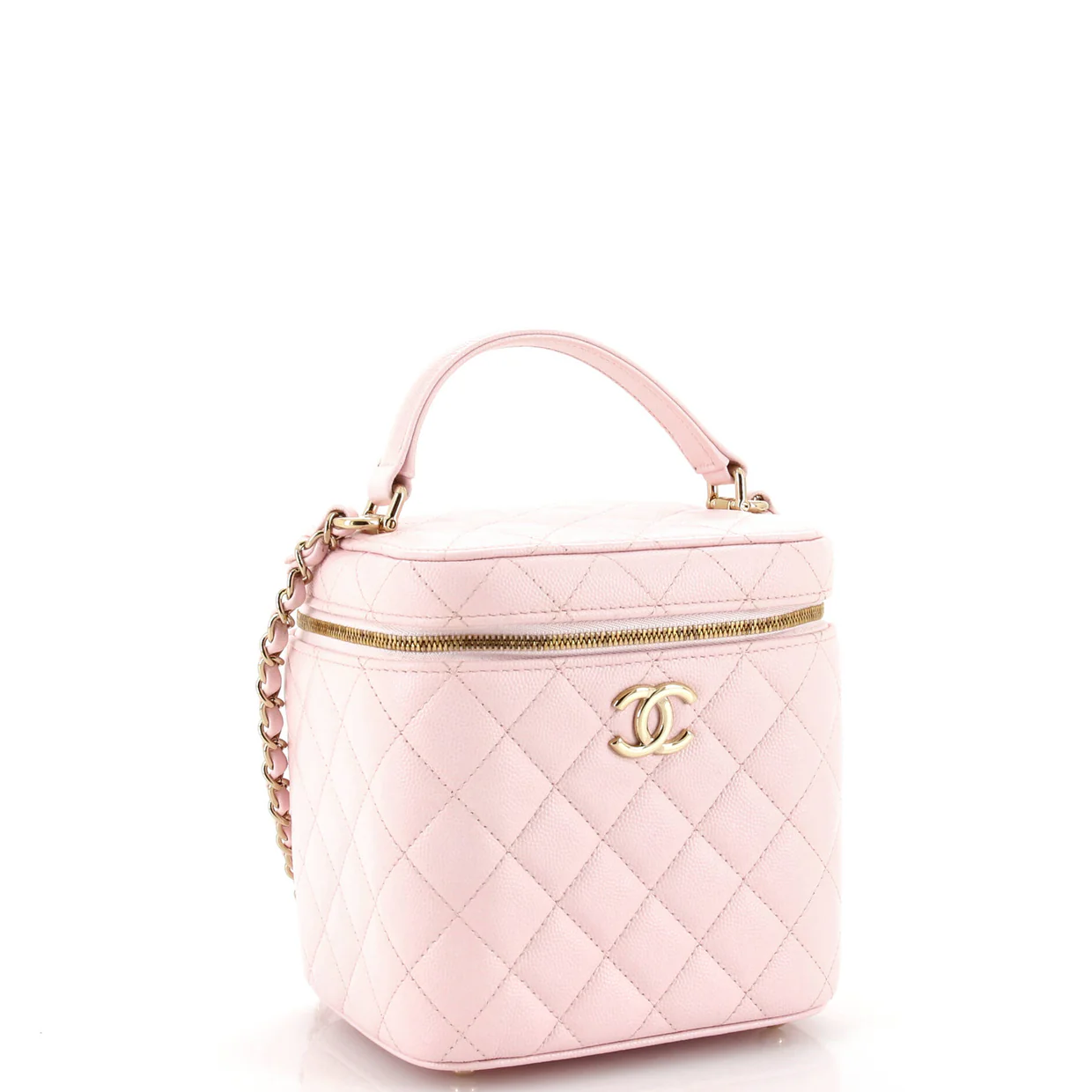 CC Top Handle Vanity Case with Chain Quilted Caviar Small - Deep Luxury