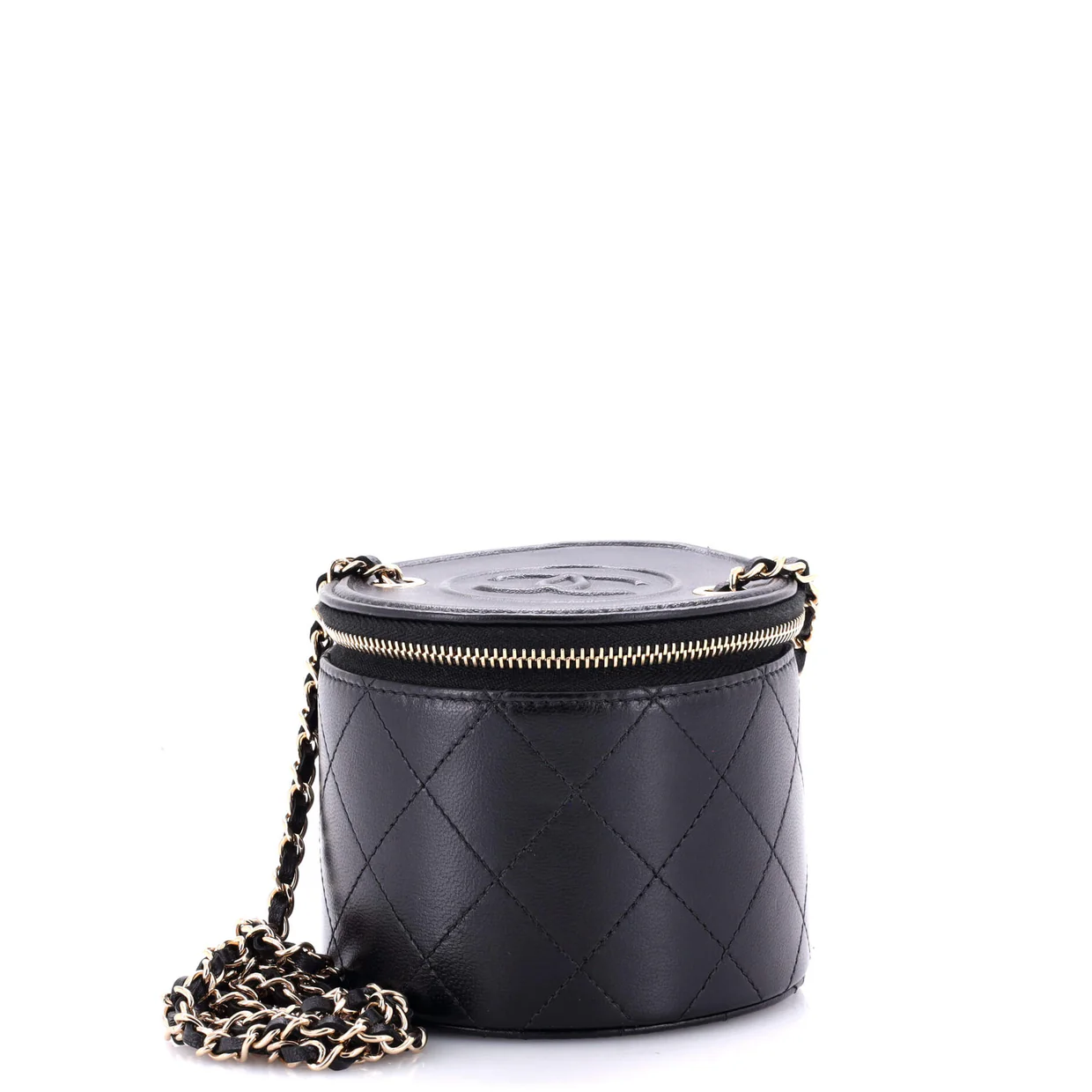 CC Round Vanity Case with Chain Quilted Lambskin Mini - Deep Luxury