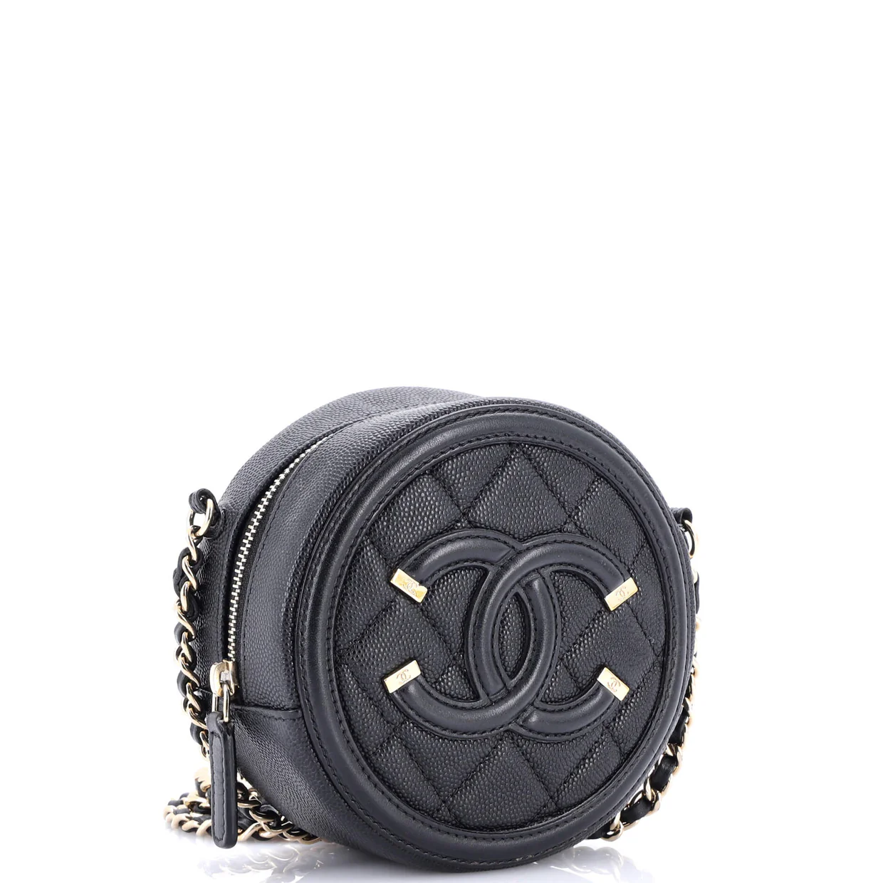 Filigree Round Clutch with Chain Quilted Caviar Mini - Deep Luxury