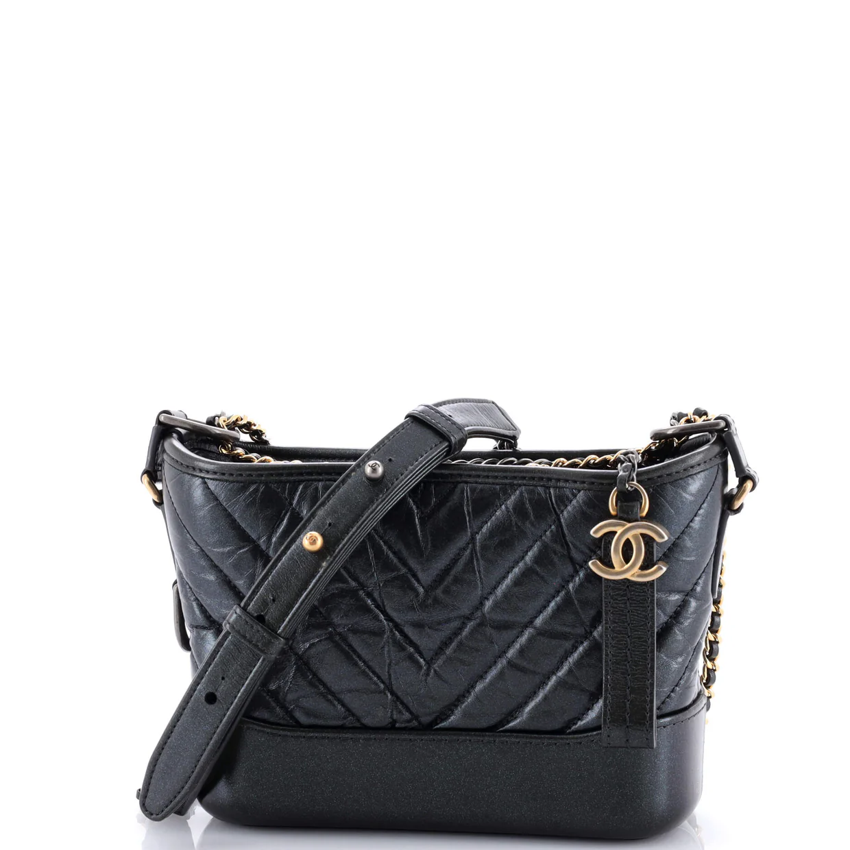 Gabrielle Hobo Chevron Metallic Aged Calfskin Small - Deep Luxury