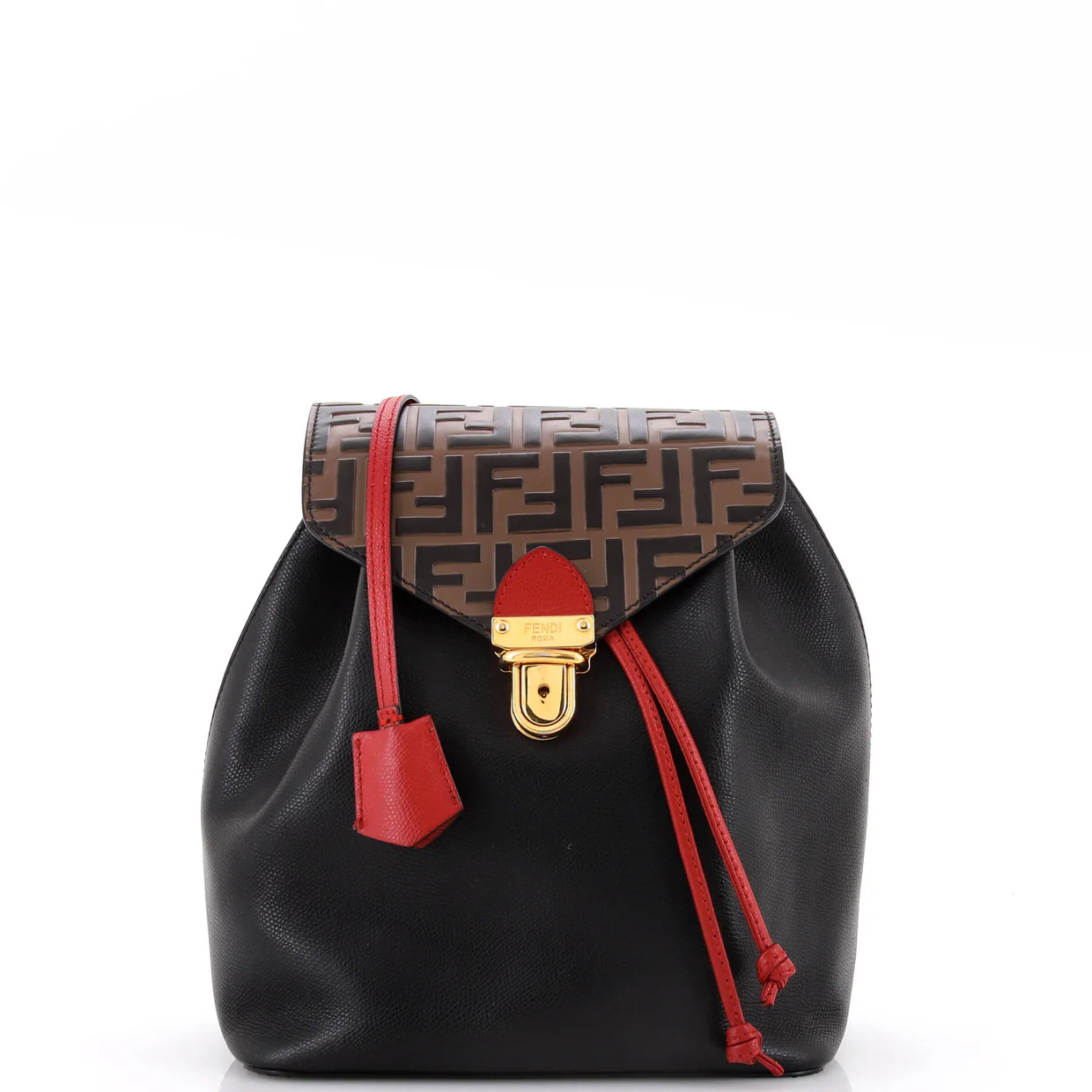 Drawstring Flap Backpack Leather with Zucca Embossed Detail Small - Deep Luxury