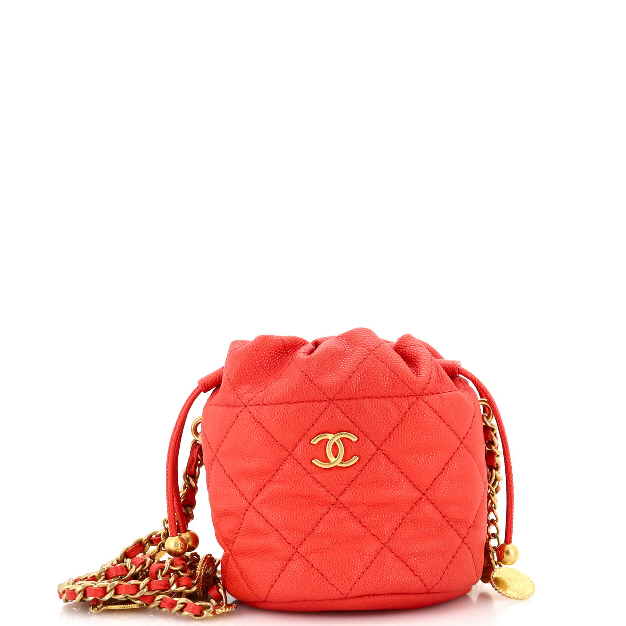 Medallion Charms Drawstring Bucket Bag Quilted Caviar Mini - Deep Luxury