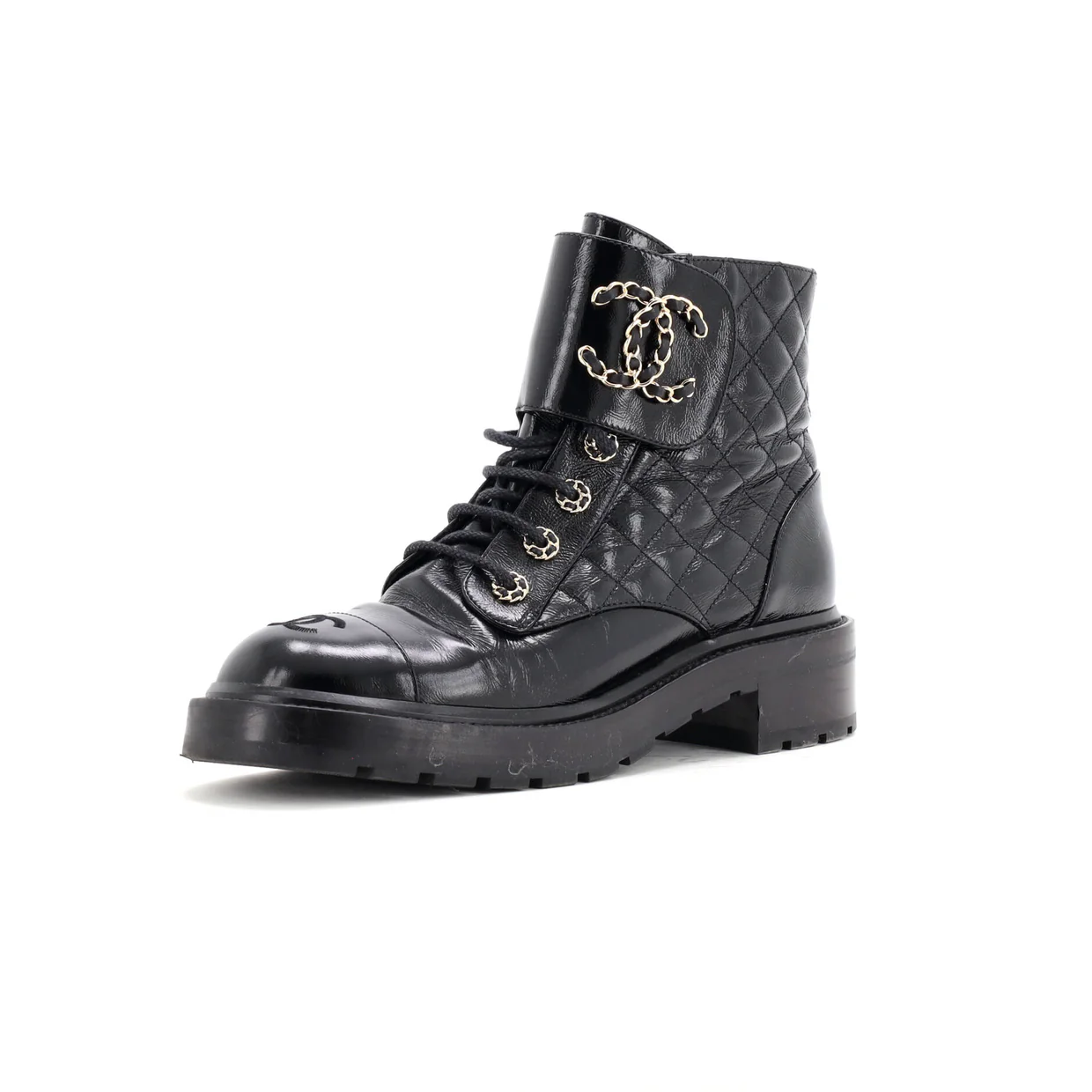 Women's Chain CC Cap Toe Lace Up Combat Boots Quilted Shiny Calfskin - Deep Luxury
