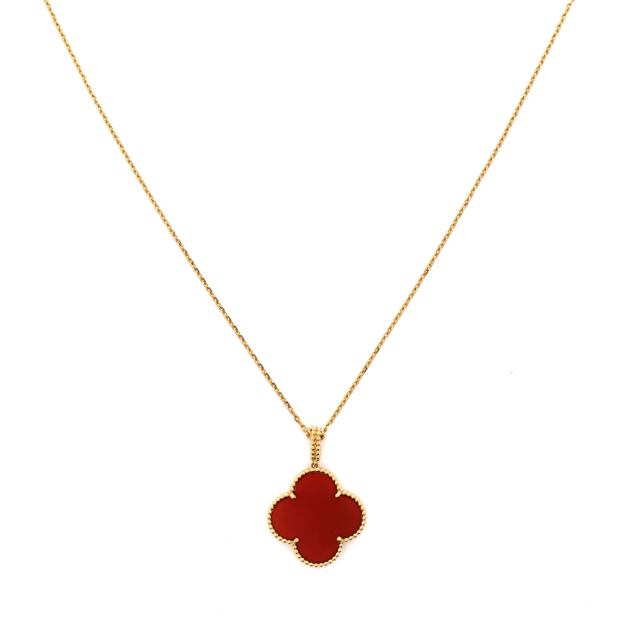 Magic Alhambra Pendant Long Necklace 18K Yellow Gold and Carnelian - Deep Luxury