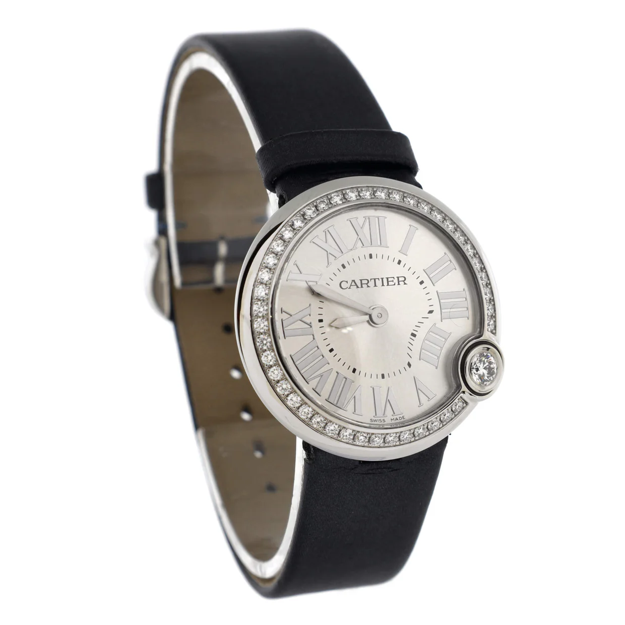Ballon Blanc de Cartier Quartz Watch Stainless Steel and Satin with Diamond Bezel 30 - Deep Luxury