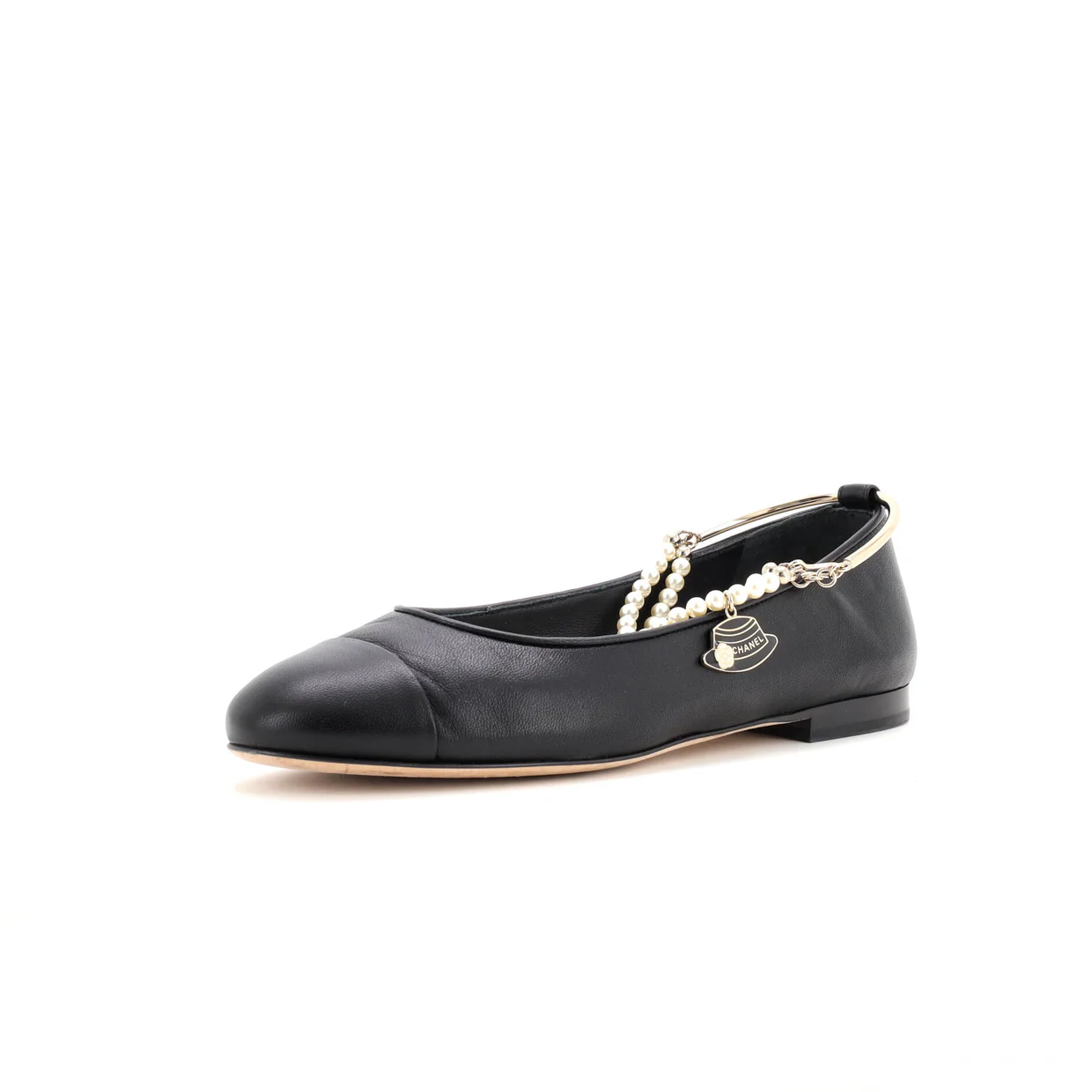 Women's Cap Toe Ankle Chain Ballerina Flats Leather with Faux Pearls - Deep Luxury