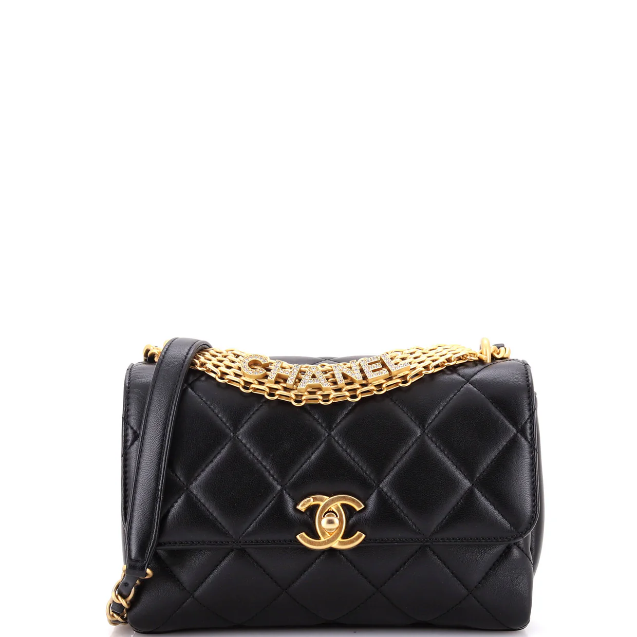 Crystal Logo Letters Chain Handle Flap Bag Quilted Lambskin Small - Deep Luxury