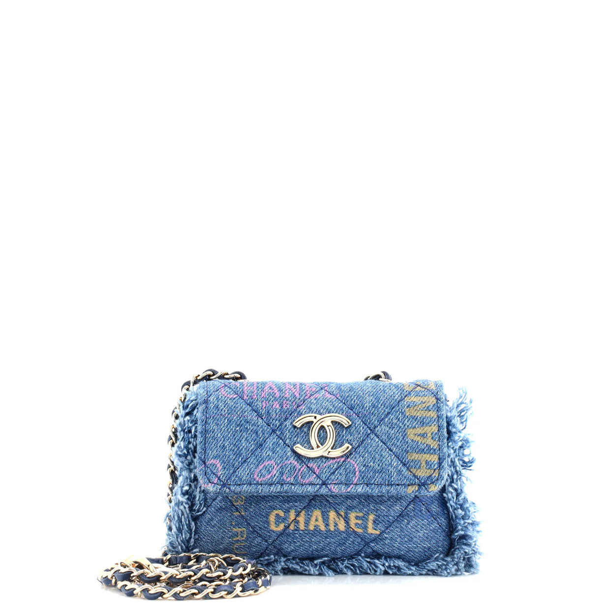 Denim Mood Flap Clutch with Chain Logo Printed Quilted Fringe Denim - Deep Luxury