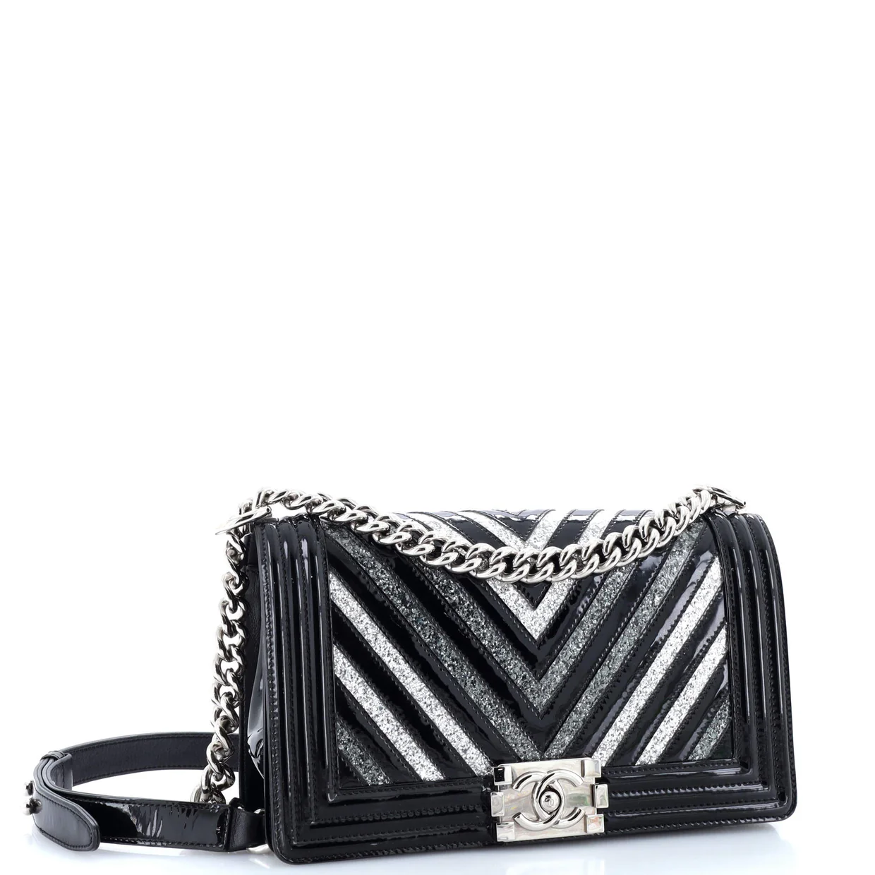 Boy Flap Bag Chevron Patent with Glitter PVC Old Medium - Deep Luxury