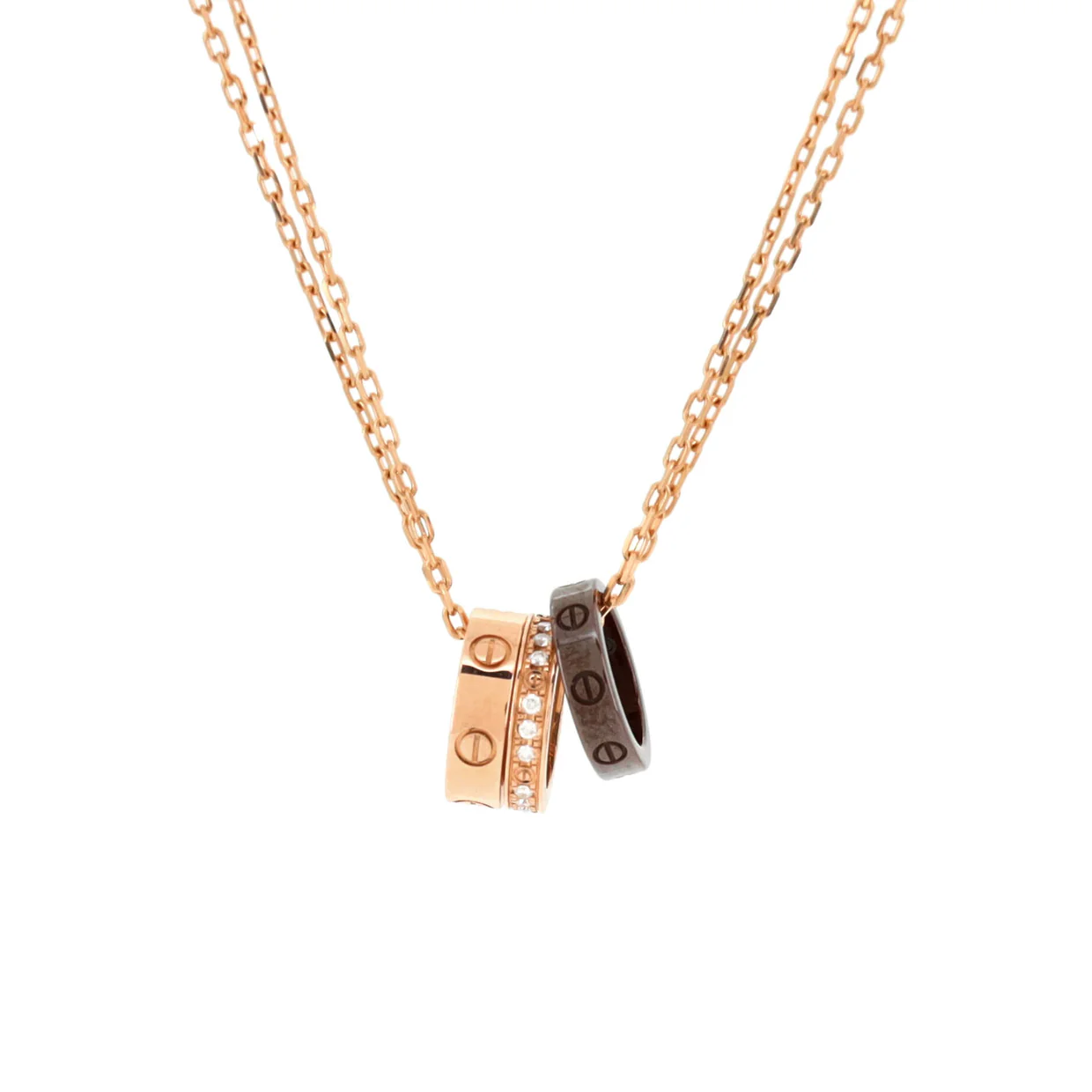 Love 3 Ring Pendant Necklace 18K Rose Gold and Ceramic with Diamonds - Deep Luxury