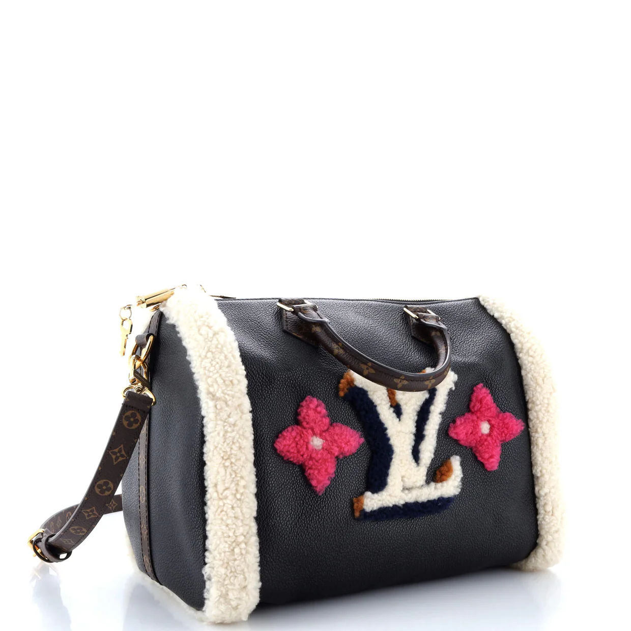 Speedy Bandouliere Bag Leather and Monogram Teddy Shearling 30 - Deep Luxury