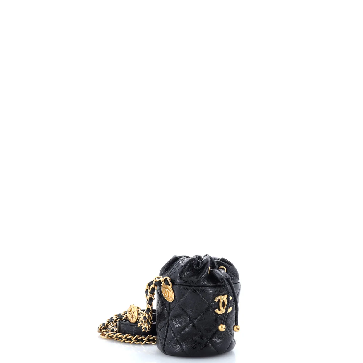 Twist Your Buttons Drawstring Bucket Bag Quilted Caviar Mini - Deep Luxury
