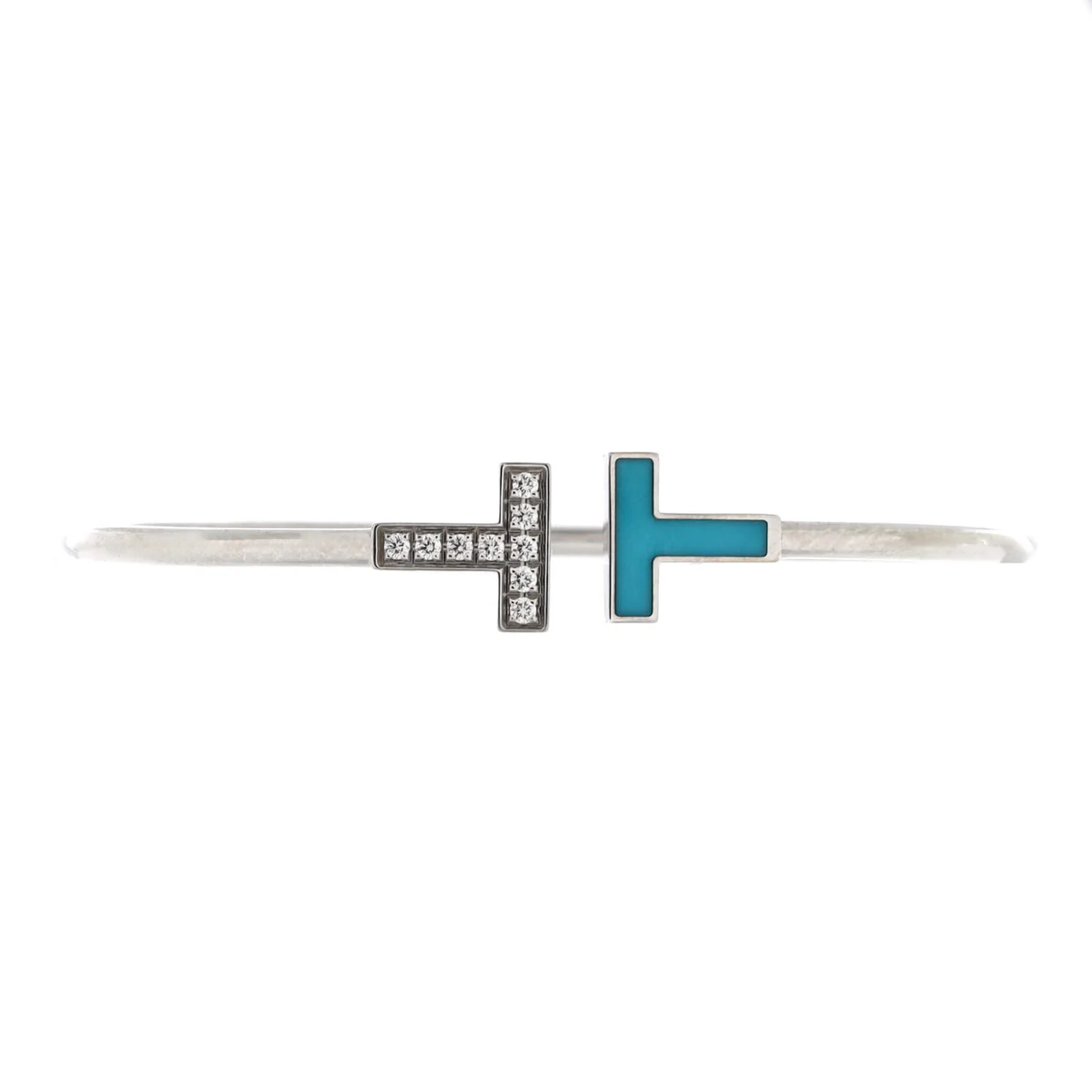 T Wire Bracelet 18K White Gold with Diamonds and Turquoise - Deep Luxury