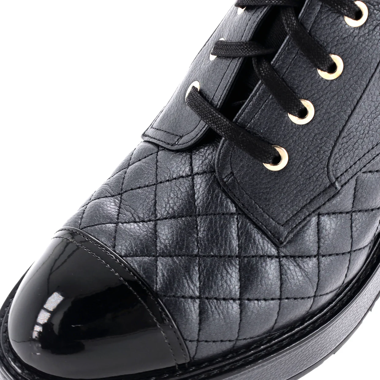 Women's Logo Pearl Cap Toe Lace Up Combat Boots Quilted Leather with Patent - Deep Luxury