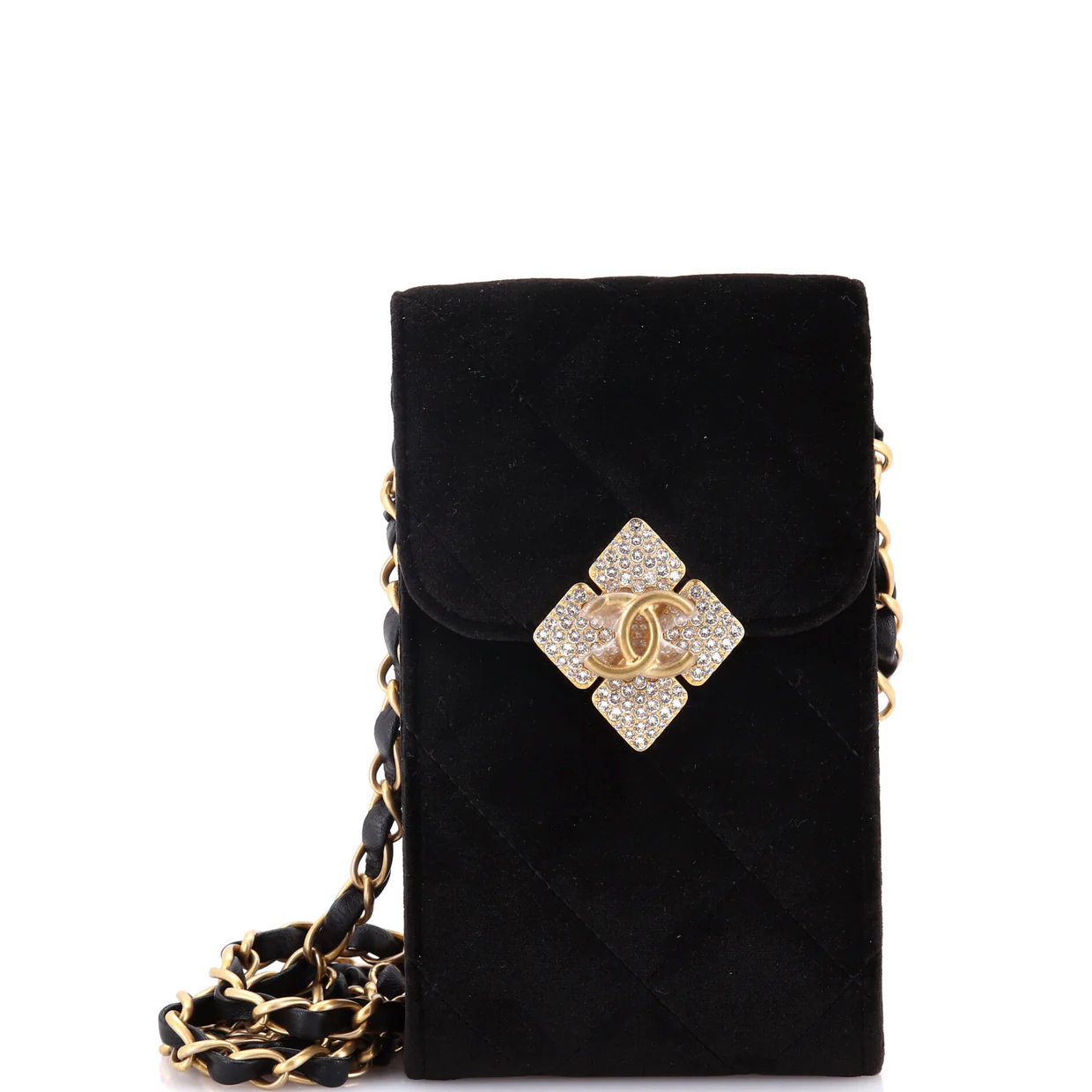 Diamond Lock CC Phone Holder with Chain Quilted Velvet with Crystals - Deep Luxury