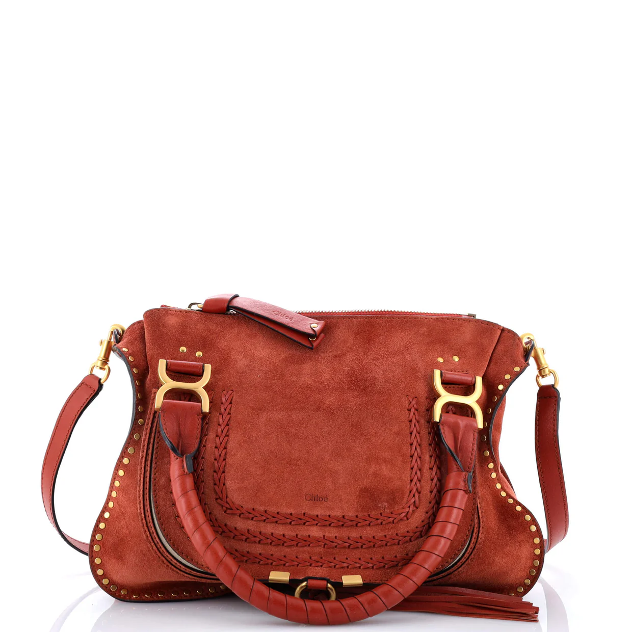 Marcie Satchel Whipstitch Studded Suede Medium - Deep Luxury