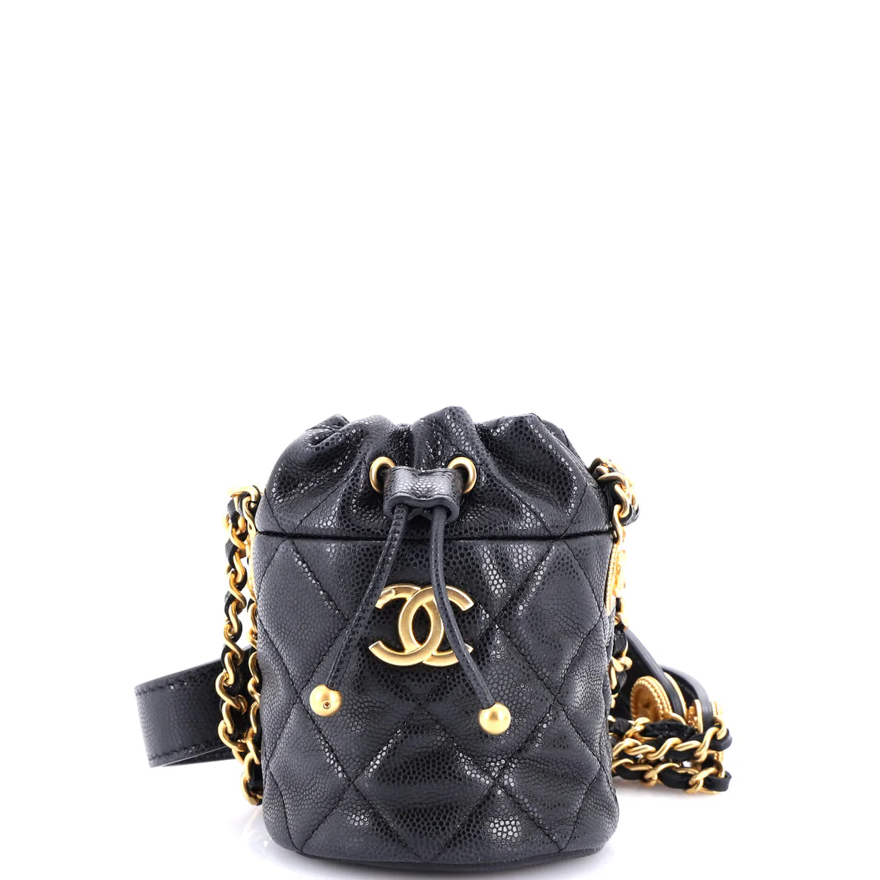 Twist Your Buttons Drawstring Bucket Bag Quilted Caviar Mini - Deep Luxury
