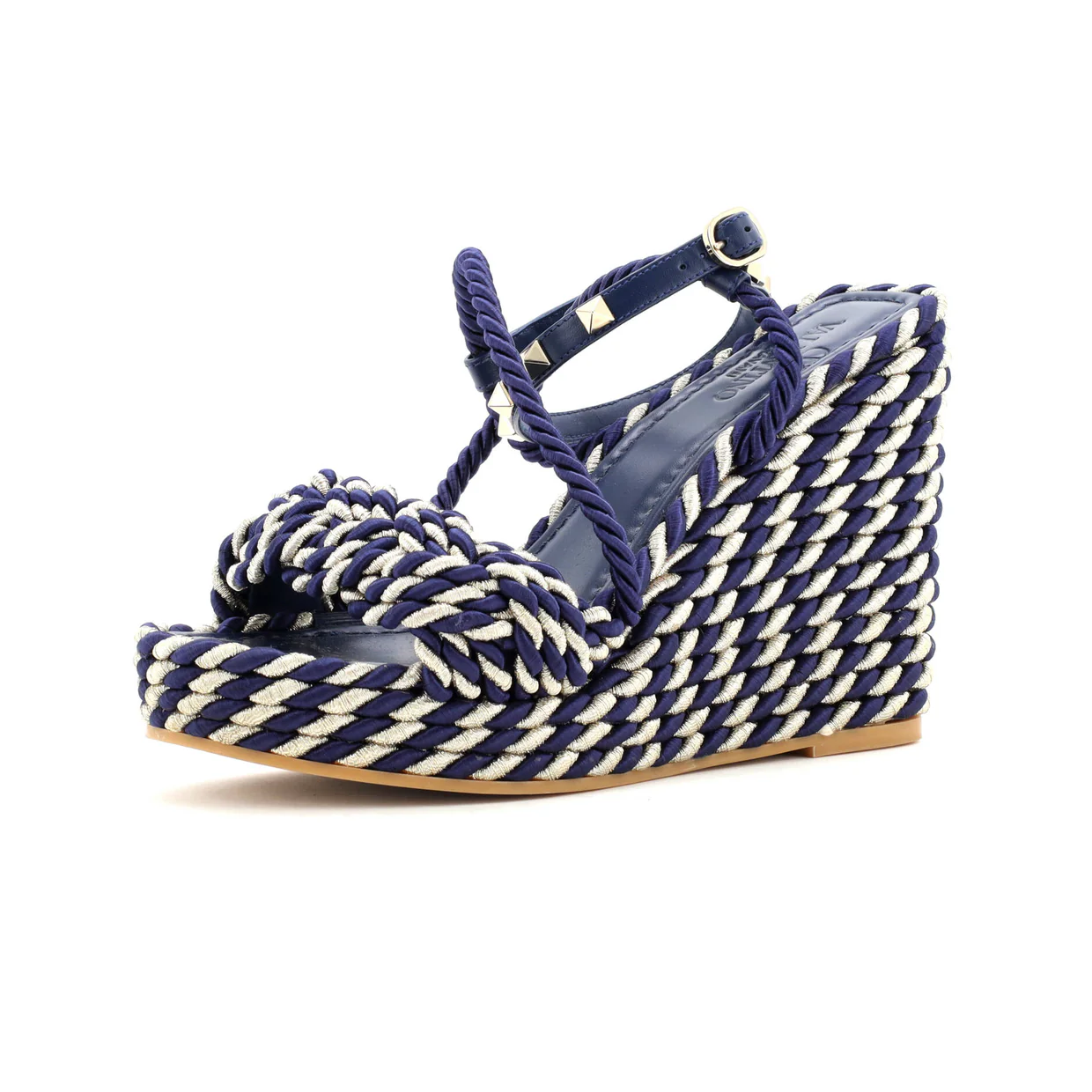 Women's Rockstud Torchon Espadrille Wedge Sandals Leather and Cord - Deep Luxury