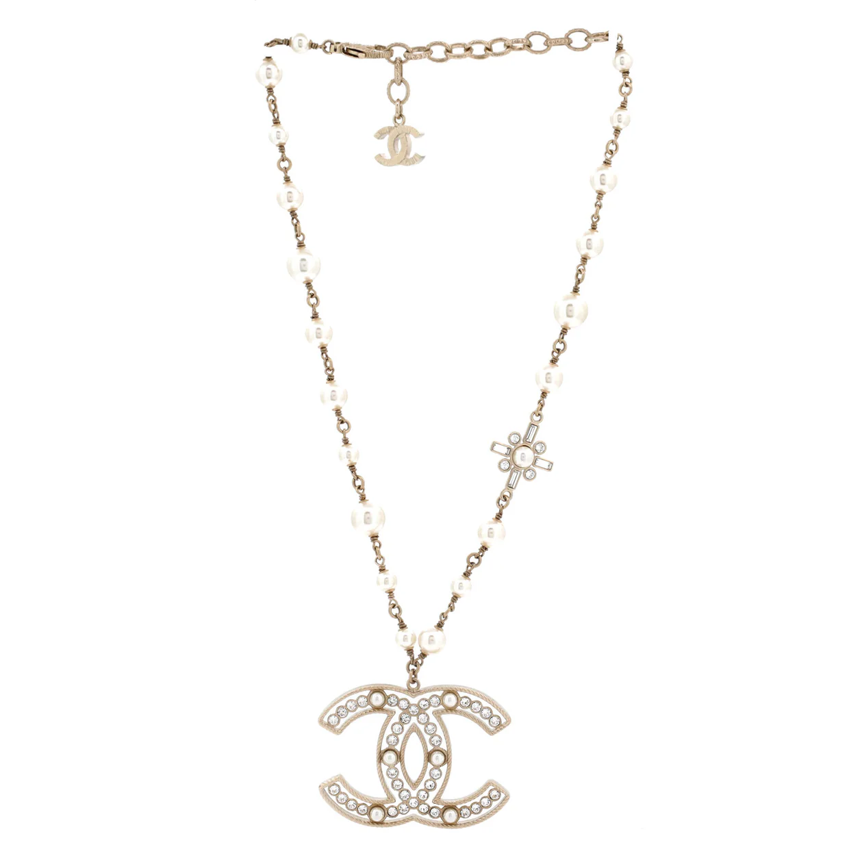 CC Baguette Cross Pendant Necklace Metal with Crystals and Faux Pearls - Deep Luxury