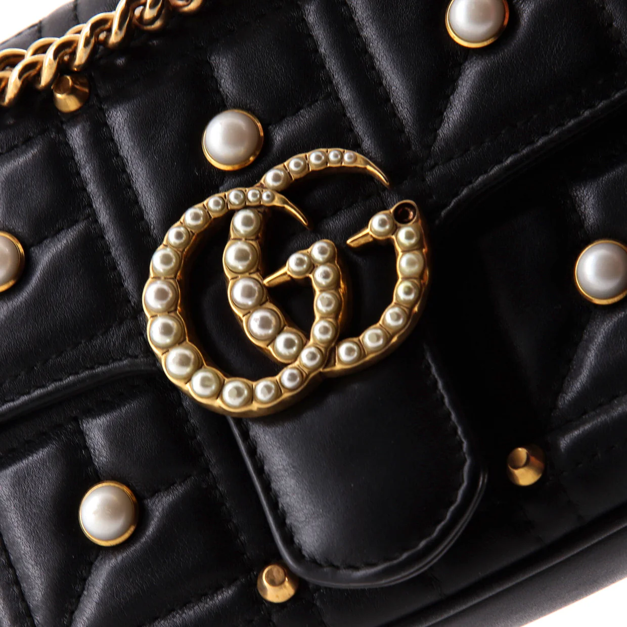 Pearly GG Marmont Flap Bag Embellished Matelasse Leather Mini - Deep Luxury