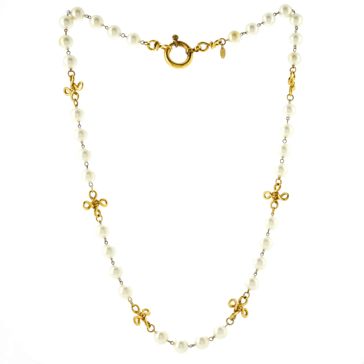 Vintage CC Cross Station Necklace Faux Pearls and Metal - Deep Luxury