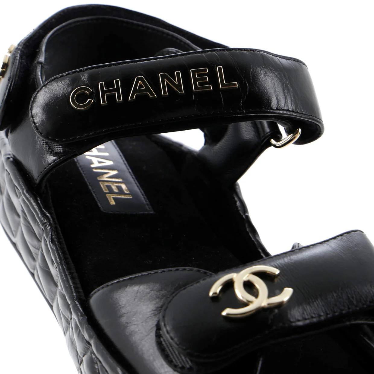 Women's Logo Velcro Strap Wedge Sandals Quilted Metallic Leather - Deep Luxury