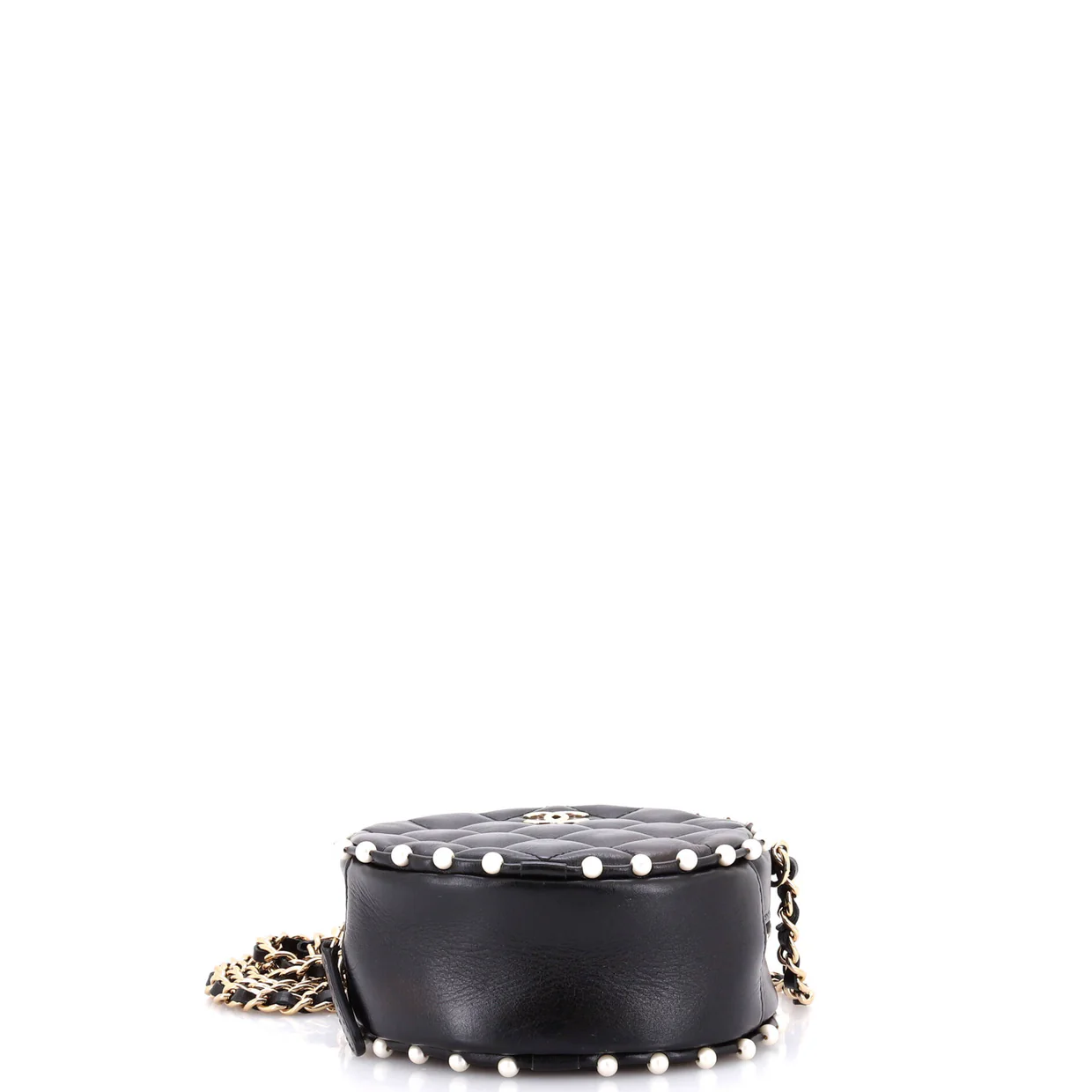 Round Clutch with Chain Quilted Calfskin with Pearl Detail - Deep Luxury